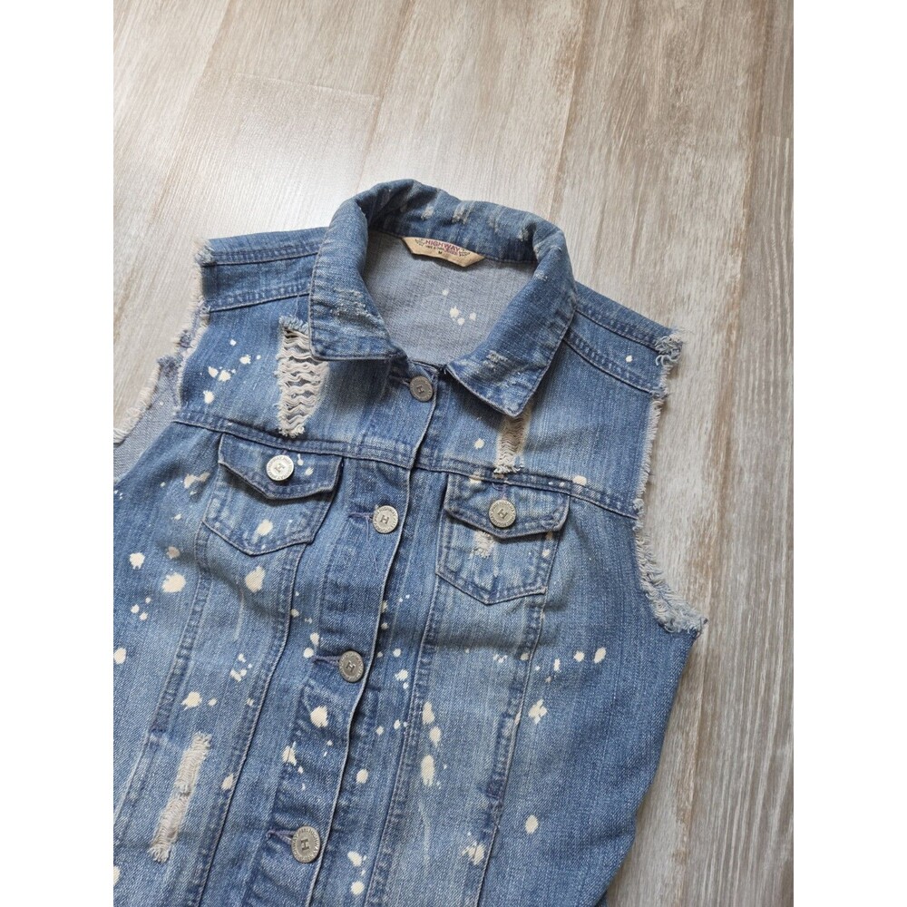 Highway Jeans Distressed Denim Vest Paint Splatter Raw Hem Button Up Sz M EUC - Picture 2 of 9